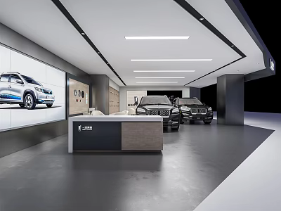 Modern Car Dealership Showroom With New Cars Reception Desk And Large Screen 3d model