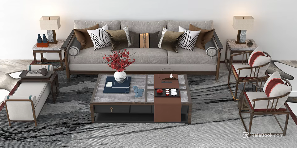 Gray Sofa With Patterned Pillows And Coffee Table Set With Red Flowers Tea Set 3d model