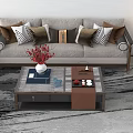 Gray Sofa With Patterned Pillows And Coffee Table Set With Red Flowers Tea Set 3d model