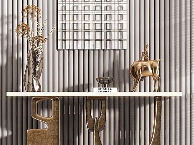 Elegant Modern Console Table With Vertical Striped Wall Golden Deer Statue Vase And Decorative Book 3d model