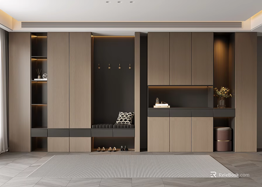 Modern Wooden Shoe Cabinet With Storage Bench Clothes Hooks And Decorative Items On Rug 3d model 