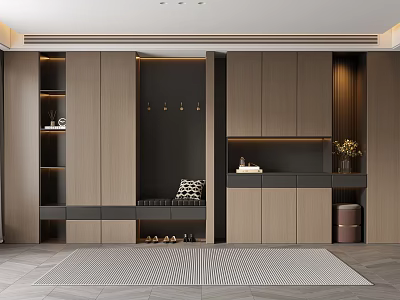 Modern Wooden Shoe Cabinet With Storage Bench Clothes Hooks And Decorative Items On Rug 3d model