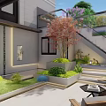 Scenic Courtyard Feature Wall With Lush Green Plants Stone Steps And Outdoor Seating