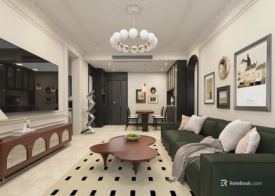 Modern Dining and Living Room with Green Sofa Throw Pillows Wooden Coffee Table and Chandelier 3d model 