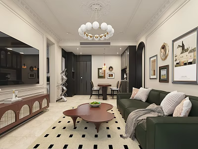 Modern Dining and Living Room with Green Sofa Throw Pillows Wooden Coffee Table and Chandelier 3d model