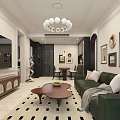 Modern Dining and Living Room with Green Sofa Throw Pillows Wooden Coffee Table and Chandelier