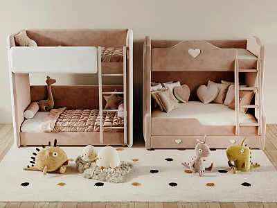 Cute Soft Pink Bunk Beds With Ladder Pillows And Stuffed Dinosaurs On Dotted Carpet 3d model