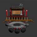 Small Traditional Food Stall Building With Wooden Platform Red Seats Signboard And Suspended Wheels