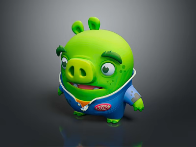 Green Pig 3D Game Movie Character With Blue Outfit Red Logo And Angry Expressions 3d model