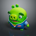 Green Pig 3D Game Movie Character With Blue Outfit Red Logo And Angry Expressions