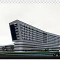 Modern White Architectural Building With Glass Windows Green Landscaping And Water Body