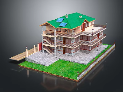 Cartoon Style Multi Story House With Green Roof Solar Panels Balconies Staircase Lawn Stone Path 3d model