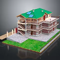 Cartoon Style Multi Story House With Green Roof Solar Panels Balconies Staircase Lawn Stone Path