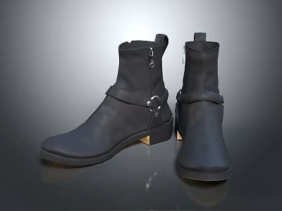 Black Leather Ankle Boots With Zipper Buckle And Golden Heel Design 3d model
