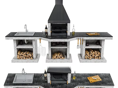Modern Outdoor Kitchen Cabinet Design With Grill Sink Countertop And Firewood Storage 3d model