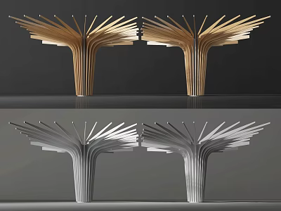 Modern Gold And Silver Metallic Columns With Leaf Like Radiating Design For Interior Decoration 3d model