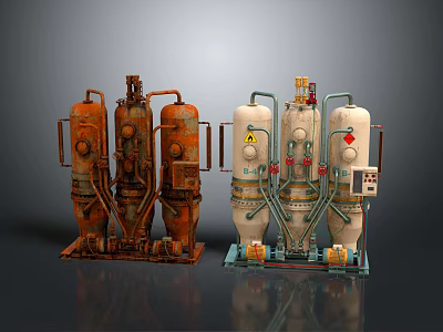 Industrial Equipment With Rusty Orange And White Tanks Pipes Valves And Warning Signs 3d model