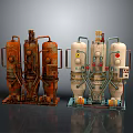 Industrial Equipment With Rusty Orange And White Tanks Pipes Valves And Warning Signs