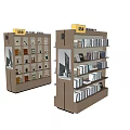 Wooden Library Bookcase With Multiple Shelves Holding Picture Books And Posters