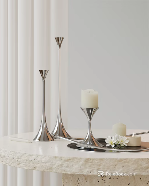 Silver Candle Holders Featuring White Lit Candle Small Candle and White Flowers on Light Tabletop 3d model 