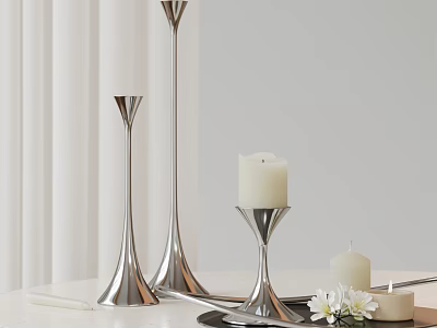 Silver Candle Holders Featuring White Lit Candle Small Candle and White Flowers on Light Tabletop 3d model