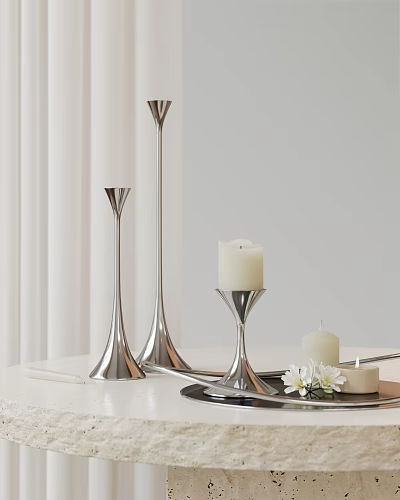 Silver Candle Holders Featuring White Lit Candle Small Candle and White Flowers on Light Tabletop 3d model