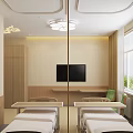 Modern Hospital Outpatient Clinic With Examination Beds Green Chairs Wall Paintings And Windows