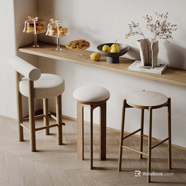 Modern Wooden Bar Stools with Upholstered Seats at Counter with Fruits Vase Decor 3d model 