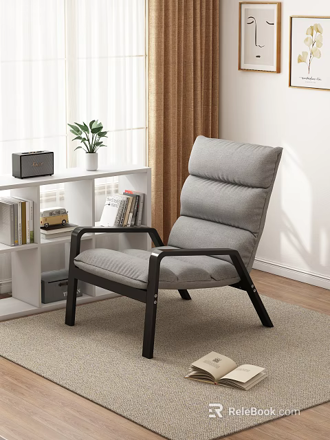 Modern Gray Fabric Lounge Chair with Black Wooden Frame and Soft Cushion in Living Room 3d model 