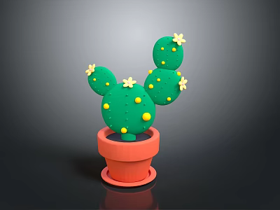 Green Cactus Plant with Yellow Dots and White Flowers in Orange Pot on Dark Background 3d model
