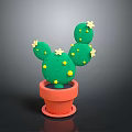 Green Cactus Plant with Yellow Dots and White Flowers in Orange Pot on Dark Background
