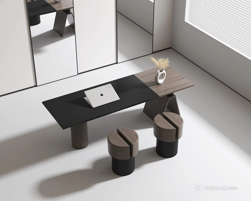 Modern Black Desk With Laptop White Vase Dried Grass And Round Stools In Bright Room 3d model 