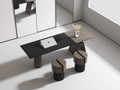 Modern Black Desk With Laptop White Vase Dried Grass And Round Stools In Bright Room 3d model
