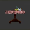 Wooden Round Dining Table Set With Red White Checkered Tablecloth Dishes And Breakfast Items