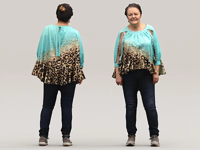 Woman In Turquoise Top With Leopard Print Hem Dark Jeans And Gray Shoes Front Back View 3d model