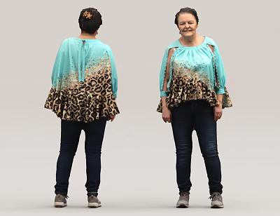Woman In Turquoise Top With Leopard Print Hem Dark Jeans And Gray Shoes Front Back View 3d model