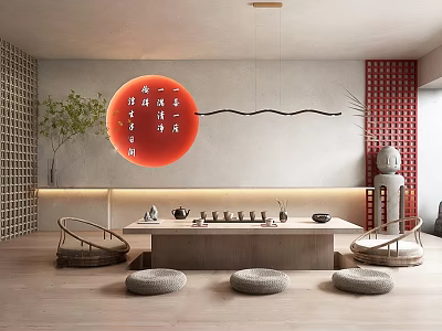 Traditional Tea Room Interior With Red Circular Decor Wooden Table Tea Sets And Woven Seats 3d model