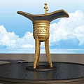 Outdoor Decorative Golden Carved Three legged Garden Ornament In Circular Water Basin