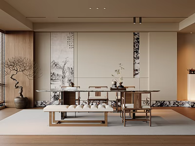 Traditional Chinese Restaurant Interior With Wooden Table Chairs And Elegant Wall Paintings 3d model