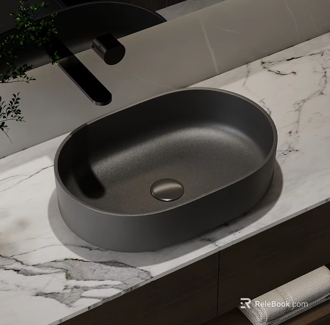 Oval Black Matte Washbasin On White Marble Countertop With Black Faucet And Green Plants 3d model 