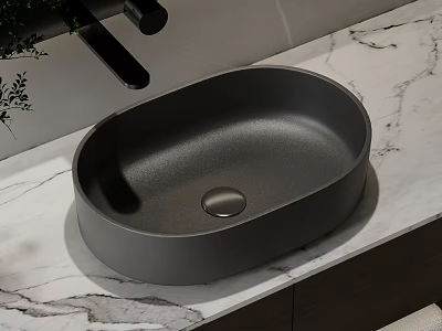 Oval Black Matte Washbasin On White Marble Countertop With Black Faucet And Green Plants 3d model