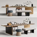 Modern Tea Table and Chairs with Wooden Frame Upholstered Seats and Tea Sets