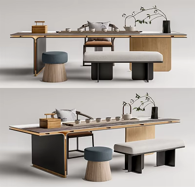 Modern Tea Table and Chairs with Wooden Frame Upholstered Seats and Tea Sets 3d model