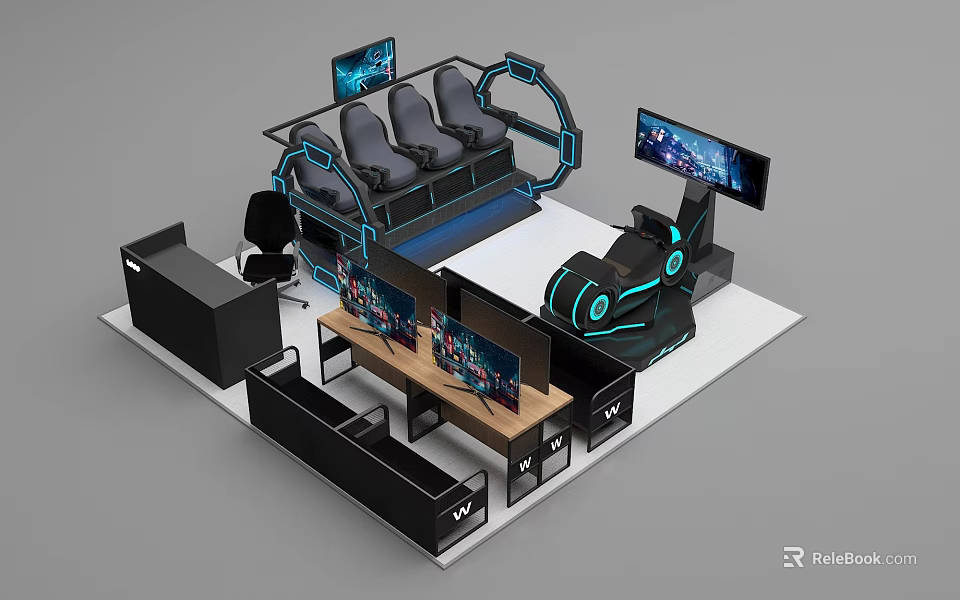 Modern Entertainment Electronics Setup With Multiple Gaming Monitors And Comfortable Gaming Seats 3d model