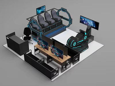 Modern Entertainment Electronics Setup With Multiple Gaming Monitors And Comfortable Gaming Seats 3d model