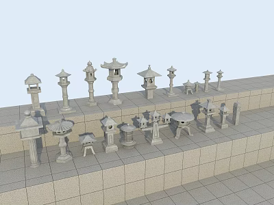 Traditional Stone Outdoor Lights With Various Designs On Stone Tile Platform 3d model