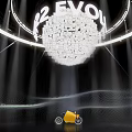 Modern Stage Setup With PEVON Sign Circular Light Installation Wavy Background And Yellow Motorcycle