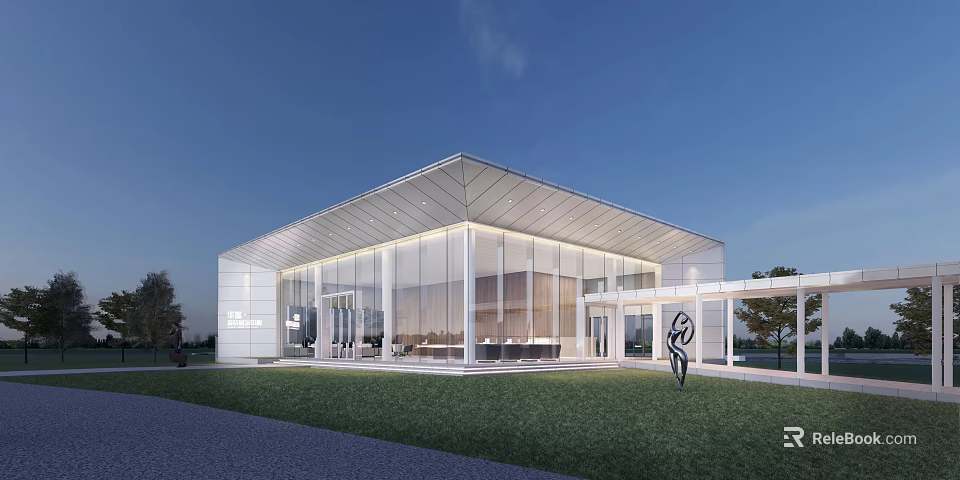 Modern Sales Office Building With Glass Curtain Walls Outdoor Lawn And Sculpture Lighting Design 3d model 