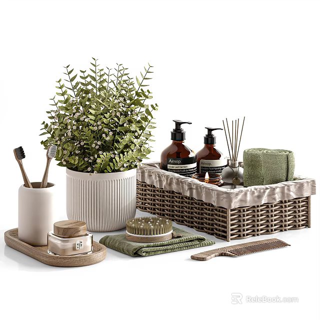 Stylish Bathroom Accessories With Plants And Woven Basket 3d model 