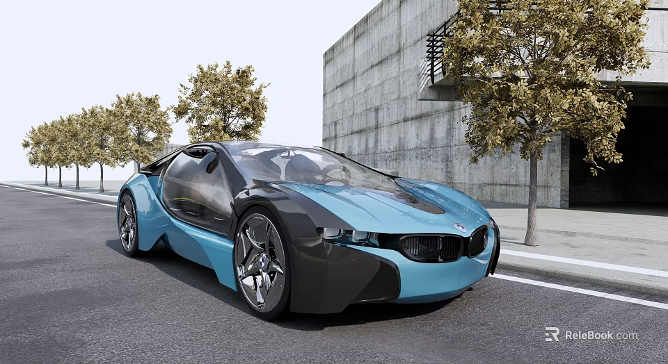 Blue Sports Car With Modern Concept Design Parked Near Modern Building And Trees On Roadside 3d model 